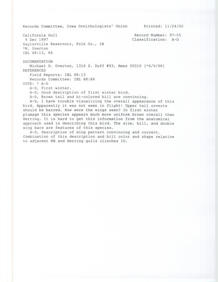 Records Committee review for a California Gull at Cherry Glen Recreation Area at Saylorville Reservoir in Polk County, IA on December 9, 1997. Includes a record review document with votes and a documentation form submitted to the committee.