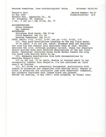 Records Committee review for three Thayer's Gulls at Island View Park at Rathbun Reservoir in Appanoose County, IA on December 20, 1986. Includes a record review document with votes, a summary of the review, and two documentation forms submitted to the committee.