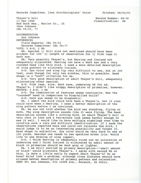Records Committee review for a Thayer's Gull at Red Rock Dam in Marion County, IA on December 13, 1988. Includes a record review document with votes and a documentation form submitted to the committee.