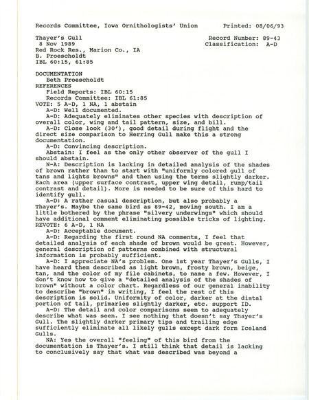 Records Committee review for a Thayer's Gull at Red Rock Dam in Marion County, IA on November 8, 1989. Includes a record review document with votes and a documentation form submitted to the committee.
