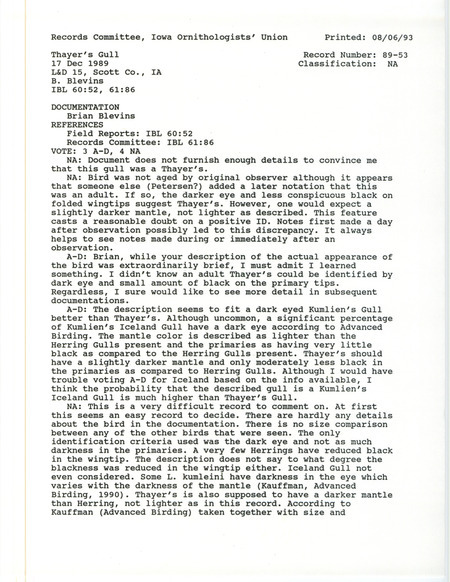 Records Committee review for a Thayer's Gull at Lock and Dam 15 in Davenport in Scott County, IA on December 17, 1989. Includes a record review document with votes and a documentation form submitted to the committee.