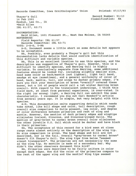 Records Committee review for a Thayer's Gull at Lock and Dam 19 at Keokuk in Lee County, IA on February 16, 1991. Includes a record review document with votes and a documentation form submitted to the committee.