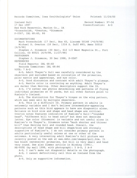 Records Committee review for an Iceland Gull at Red Rock Reservoir Dam in Marion County, IA on December 17, 1997. Includes a record review document with votes, a photograph, and three documentation forms submitted to the committee.