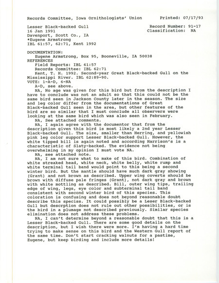 Records Committee review for a Lesser Black-backed Gull at Davenport in Scott County, IA on January 16, 1991. Includes a record review document with votes, an article in Iowa Bird Life, comparisons of different gull sightings, and a documentation form submitted to the committee.