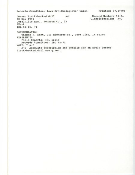Records Committee for a Lesser Black-backed Gull at Coralville Reservoir in Johnson County, IA on November 28, 1991. Includes a record review document with votes and a documentation form submitted to the committee.