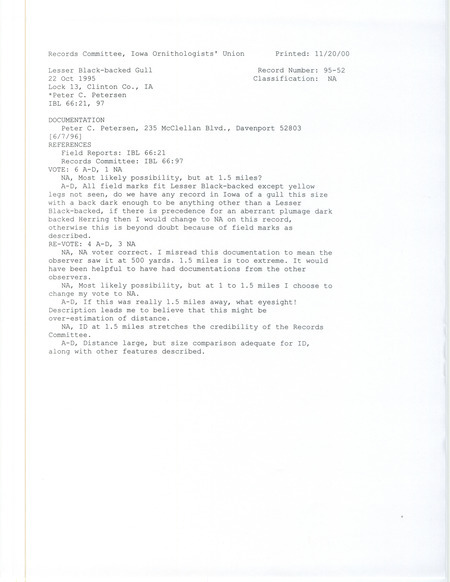Records Committee review for a Lesser Black-backed Gull at Lock 13 in Clinton County, IA on October 22, 1995. Includes a record review document with votes and a documentation letter with field notes submitted to the committee.