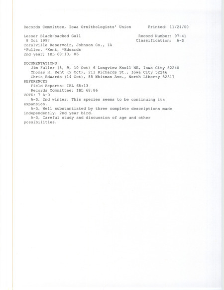 Records Committee review for a Lesser Black-backed Gull at Coralville Dam in Johnson County, IA on October 8, 1997. Includes a record review document with votes and three documentation forms submitted to the committee.