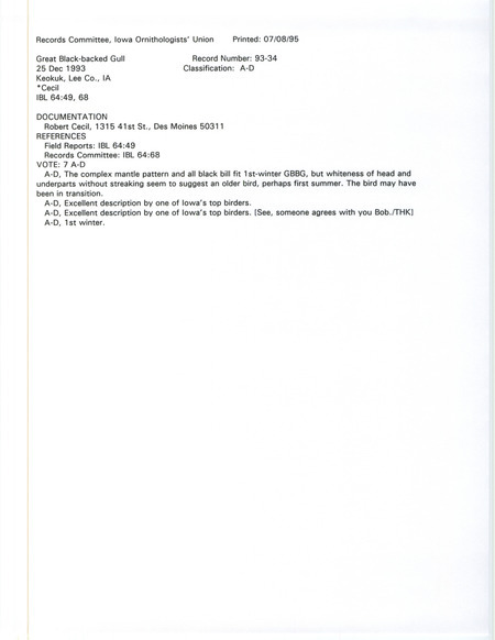 Records Committee review for a Great Black-backed near the Keokuk Wastewater Treatment Plant in Lee County, IA on December 25, 1993. Includes a record review document with votes and a documentation form submitted to the committee.