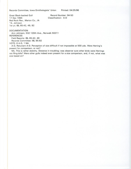 Records Committee review for a Great Black-backed Gull at Whitebreast Point in Red Rock Reservoir in Marion County, IA on December 17, 1994. Includes a record review document with votes and a documentation form submitted to the committee.