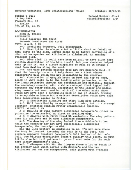 Records Committee review for a Sabine's Gull north of Farragut in Fremont County, IA on September 24, 1989. Includes a record review document with votes and a documentation form submitted to the committee.
