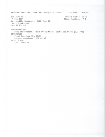 Records Committee review for a Sabine's Gull in Sandpiper Beach at Saylorville Reservoir in Polk County, IA on September 7, 1997. Includes a record review document with votes and a documentation form submitted to the committee.