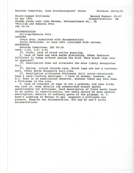 Records Committee review for a Black-legged Kittiwake at the dredge ponds near Lake Manawa in Pottawattamie County, IA on April 23, 1983. Includes a record review document with votes, correspondence relevant to bird sighting and review, a summary of the review, and a documentation submitted to the committee.