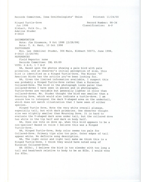 Records Committee review for a Ringed Turtle-Dove at Elkhart in Polk County, IA in June 1998. Includes a record review document with votes and field notes about the bird sighting. The bird was also seen from May to November 1997.