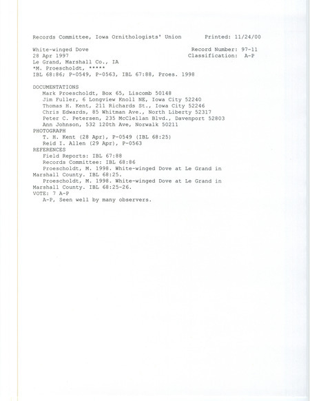 Records Committee review for a White-winged Dove at Le Grand in Marshall County, IA on April 28, 1997. Includes a record review document with votes, two photographs, an article in Iowa Bird Life, and six documentation forms submitted to the committee.