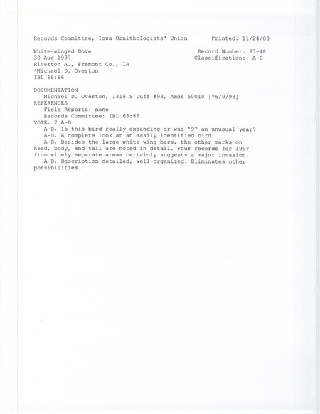 Records Committee review for a White-winged Dove at Riverton Wildlife Area in Fremont County, IA on August 30, 1997. Includes a record review document with votes and a documentation form submitted to the committee.