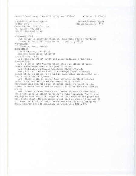 Records Committee review for a Ruby-throated Hummingbird in Cedar Rapids in Linn County, IA on November 15, 1995. Includes a record review document with votes, a photo, and two documentation forms submitted to the committee.