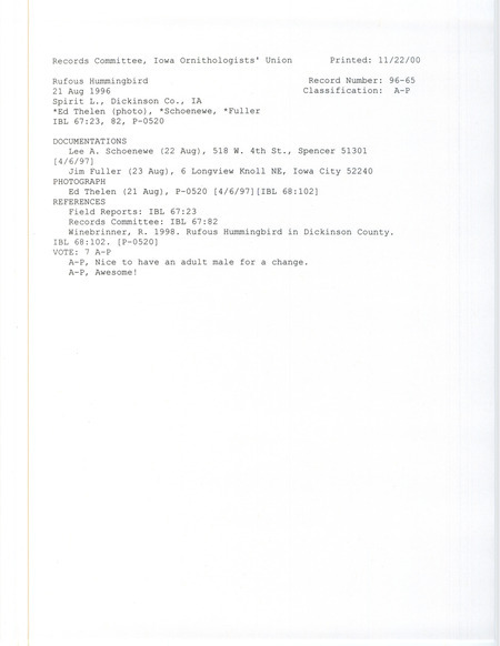 Records Committee review for a Rufous Hummingbird at McClelland Beach at Spirit Lake in Dickinson County, IA on August 21, 1996. Includes a record review document with votes, an article in Iowa Bird Life, a photograph, and four documentations submitted to the committee.