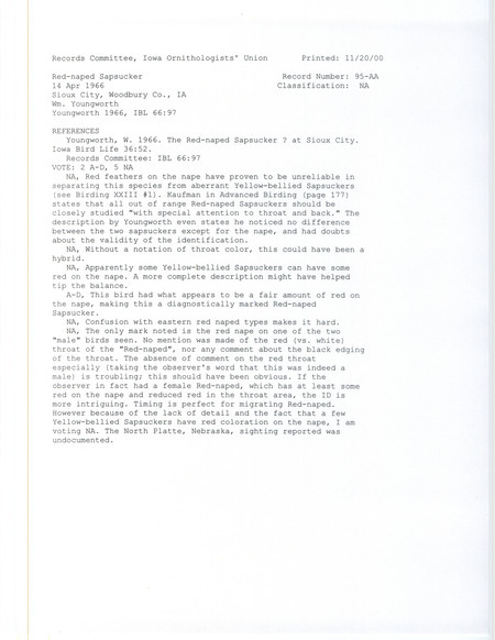 Records Committee review for a Red-naped Sapsucker at Sioux City in Woodbury County, IA in April 14, 1996. Includes a record review document with votes and the original sighting record found in the publication The Red-naped Sapsucker ? at Sioux City in Iowa Bird Life 36(2):52 by William Youngworth.