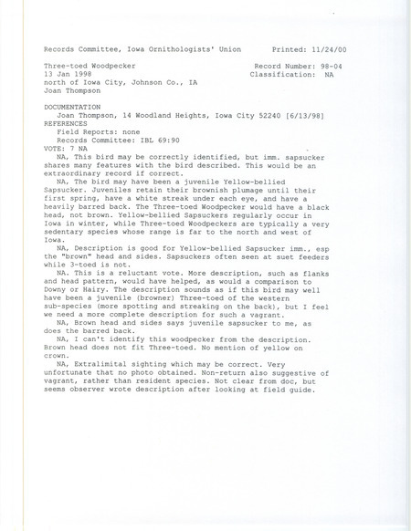 Records Committee review for a Three-toed Woodpecker north of Iowa City in Johnson County, IA on January 13, 1998. Includes a record review document with votes and a documentation form submitted to the committee.