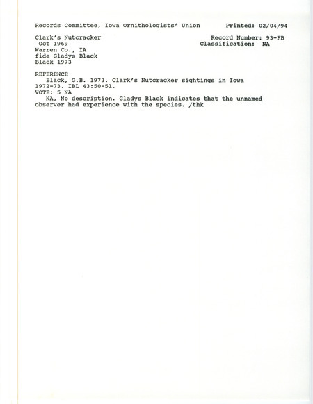 Records Committee review for a Clark's Nutcracker at Warren County, IA during October 1969. Includes a record review document with votes and the original sighting record found in the publication Clark's Nutcracker sightings in Iowa, Winter 1972-73 in Iowa Bird Life 43:50-51 by Gladys Black and seen by an unidentified observer.