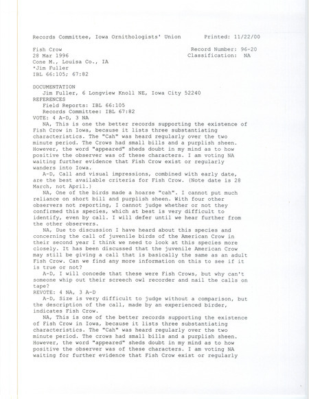 Records Committee review for a Fish Crow in Cone March in Louisa County, IA on March 28, 1996. Includes a record review document with votes and a documentation form submitted to the committee.