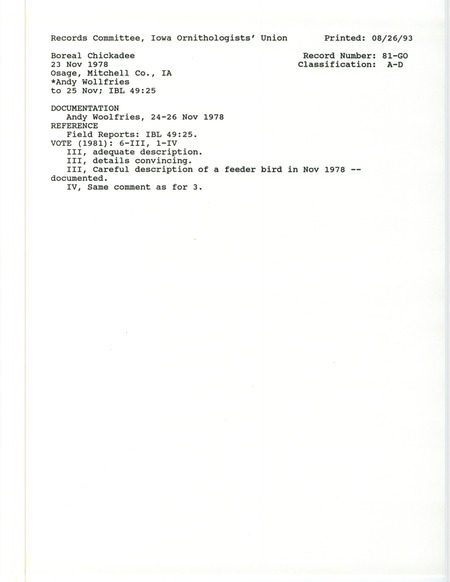 Records Committee review for two Boreal Chickadees at Osage in Mitchell County, IA on November 24, 1978. Includes a record review document with votes, an article in Iowa Bird Life, and a documentation form submitted to the committee.