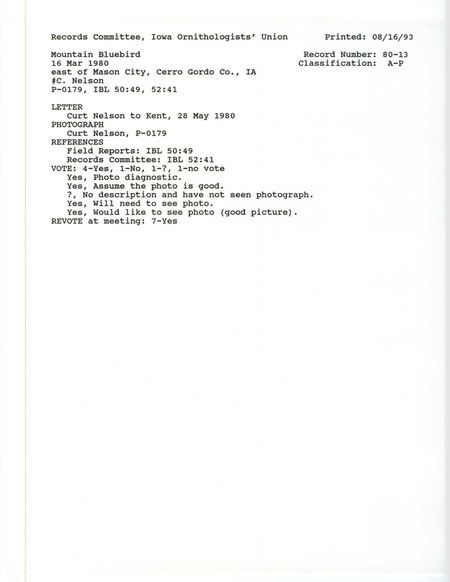 Records Committee review for a Mountain Bluebird northeast of Mason City in Cerro Gordo County, IA on March 16, 1980. Includes a record review document with votes, a photocopy of a photograph, and the original sighting record in a letter from Curt Nelson to Thomas Kent.