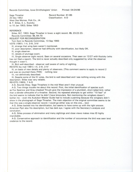 Records Committee review for a Sage Thrasher at West Des Moines in Polk County, IA from December 20, 1952 to January 10, 1953. Includes a record review document with votes, a request for reconsideration of the record, and the original sighting record found in the publication Sage Thrasher in Iowa: A Sight Record in Iowa Bird Life 23(1):22-23 by Bruce F. Stiles also seen by Edward L. Kozicky.