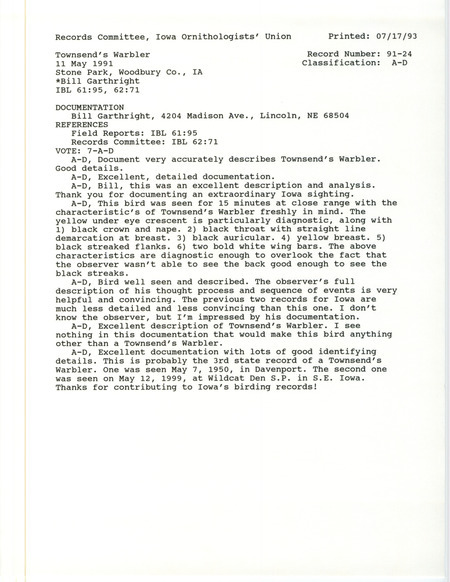 Records Committee review for a Townsend's Warbler at Stone State Park in Woodbury County, IA on May 11, 1991. Includes a record review document with votes and a documentation form with field notes submitted to the committee.