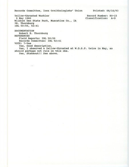 Records Committee review for a Yellow-throated Warbler at Wildcat Den State Park in Muscatine County, IA on May 9, 1980. Includes a record review document with votes and a documentation form submitted to the committee.