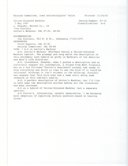 Records Committee review for a Yellow-throated Warbler hybrid at Lake Ahquabi State Park in Warren County, IA on May 3, 1997. Includes a record review document with votes and a documentation form submitted to the committee.