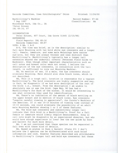 Records Committee review for a MacGillivray's Warbler at Moorehead Park in Ida County, IA on September 7, 1997. Includes a record review document with votes and a documentation submitted to the committee.