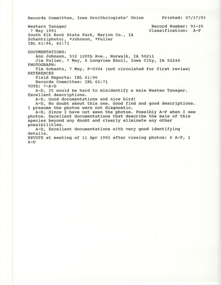 Records Committee review for a Western Tanager at Elk Rock State Park in Marion County, IA on May 7, 1991. Includes a record review document with votes, a photograph with a report, and two documentation forms submitted to the committee.