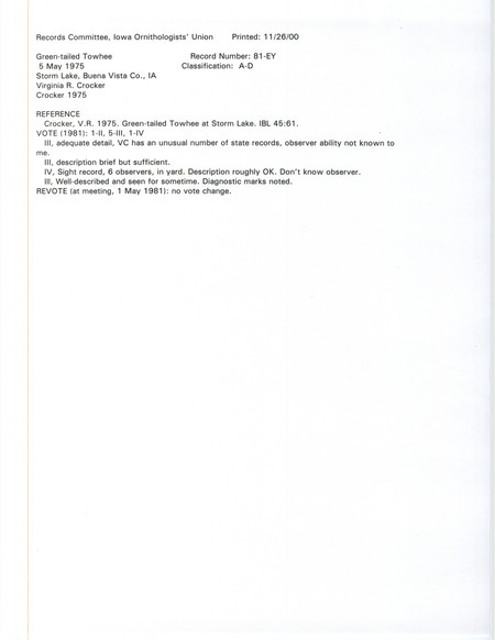 Records Committee review for a Green-tailed Towhee at Storm Lake in Buena Vista County, IA on May 5, 1975. Includes a record review document with votes and an Iowa Bird Life article reviewed by the committee.