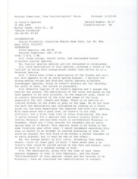 Records Committee review for a Le Conte's Sparrow at Walnut Creek National Wildlife Refuge in Jasper County, IA on February 25, 1996. Includes a record review document with votes and field notes submitted to the committee.