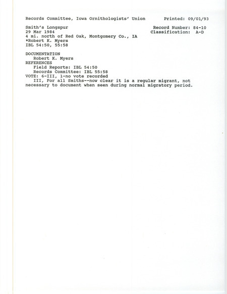 Records Committee review for two to ten Smith's Longspurs west of Essex in Page County, IA on March 29, 1984. Includes a record review document with votes, summary of the review and a documentation form submitted to the committee.