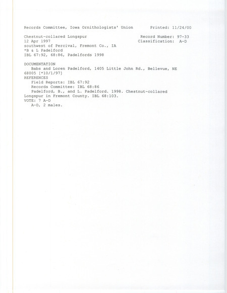 Records Committee review for two Chestnut-collared Longspurs southwest of Percival in Fremont County, IA on April 12, 1997. Includes a record review document with votes, an article in Iowa Bird Life, and a documentation form submitted to the committee.