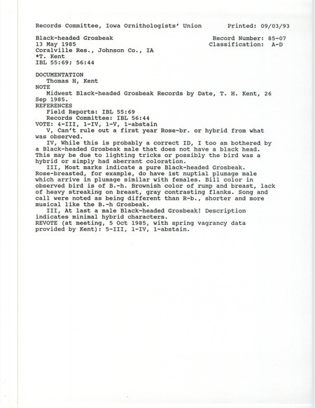 Records Committee review for a Black-headed Grosbeak at Coralville Reservoir in Johnson County, IA on May 13, 1985. Includes a record review document with votes, Midwest Black-headed Grosbeak records by date, and a documentation form submitted to the committee.