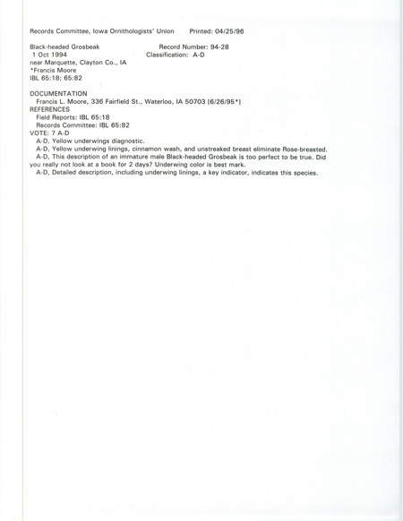 Records Committee review for a Black-headed Grosbeak at Marquette in Clayton County, IA on October 1, 1994. Includes a record review document with votes and a documentation form submitted to the committee.