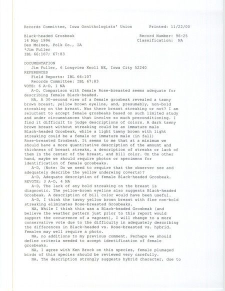 Records Committee review for a Black-headed Grosbeak at Des Moines in Polk County, IA on May 14, 1996. Includes a record review document with votes and a documentation form submitted to the committee.
