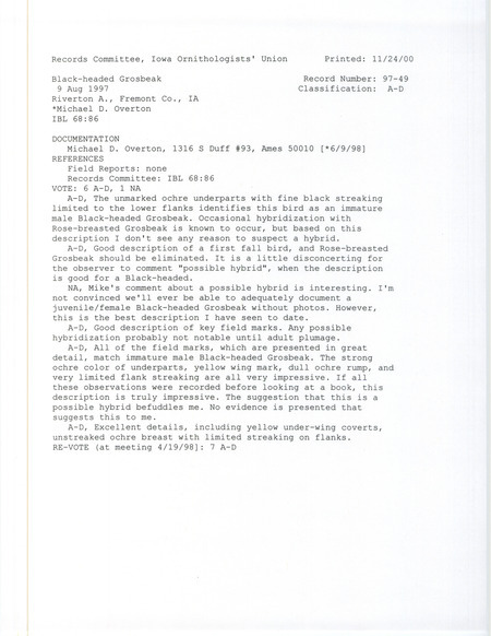 Records Committee review for a Black-headed Grosbeak at Riverton Wildlife Area in Fremont County, IA on August 9, 1997. Includes a record review document with votes and a documentation form submitted to the committee.