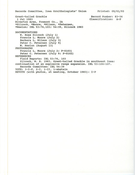 Records Committee review for three to four Great-tailed Grackles at Riverton Area in Fremont County, IA on July 1, 1983. Includes a record review document with votes, an article in Iowa Bird Life, and five documentation forms submitted to the committee.