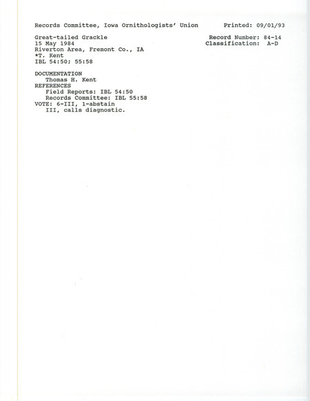 Records Committee review for a Great-tailed Grackle at Riverton Area in Fremont County, IA on May 15, 1984. Includes a record review document with votes and a documentation form submitted to the committee.