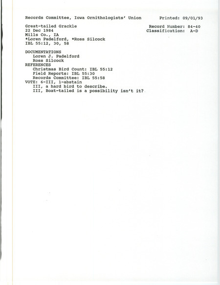 Records Committee review for a Great-tailed Grackle in Mills County, IA on December 22, 1984. Includes a record review document with votes and two documentation forms submitted to the committee.