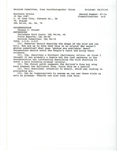 Records Committee review for a Baltimore Oriole at Iowa City in Johnson County, IA on December 19, 1987. Includes a record review document with votes and a documentation form submitted to the committee.