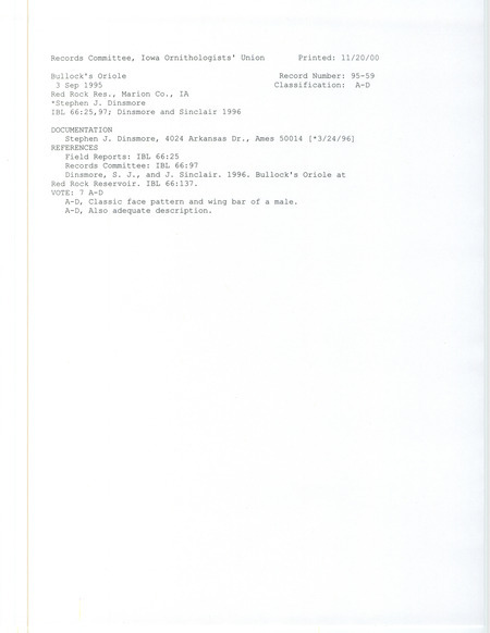 Records Committee review for a Bullock's Oriole at Lake Red Rock in Marion County, IA on September 3, 1995. Includes a record review document with votes, an article in Iowa Bird Life, and a documentation form submitted to the committee.