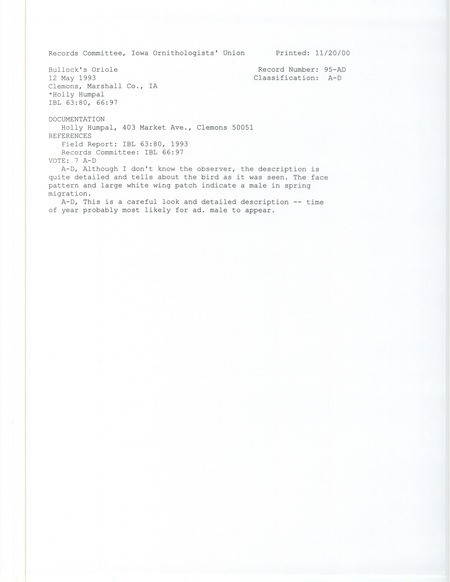 Records Committee review for a Bullock's Oriole at Clemons in Marshall County, IA on May 12, 1993. Includes a record review document with votes and a documentation form submitted to the committee.