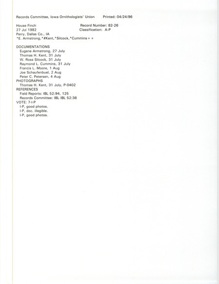 Records Committee review for a House Finch at Perry in Dallas County, IA on July 27, 1982. Includes a record review document with votes and seven documentation forms submitted to the committee.