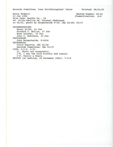 Records Committee review for a Hoary Redpoll at Pine Lake in Hardin County, IA on January 23, 1982. Includes a record review document with votes, a summary of the review, and four documentation forms submitted to the committee.
