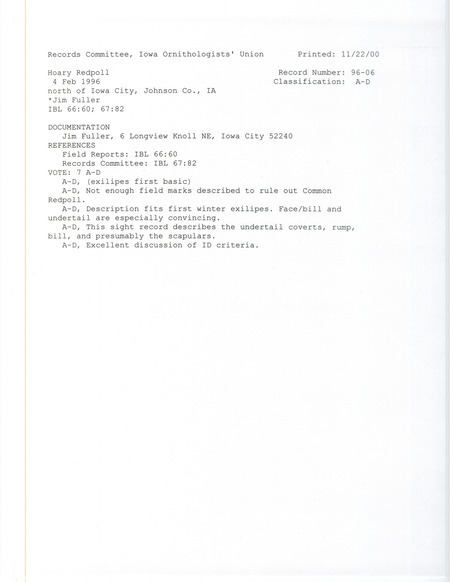 Records Committee review for a Hoary Redpoll at Iowa City in Johnson County, IA on February 4, 1996. Includes a record review document with votes and a documentation form submitted to the committee.
